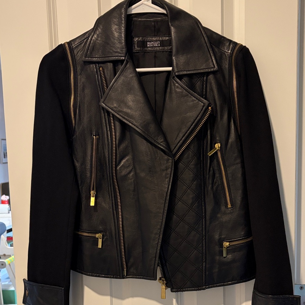 Badgley Mischka Black Leather Moto Jacket with Gold Hardware